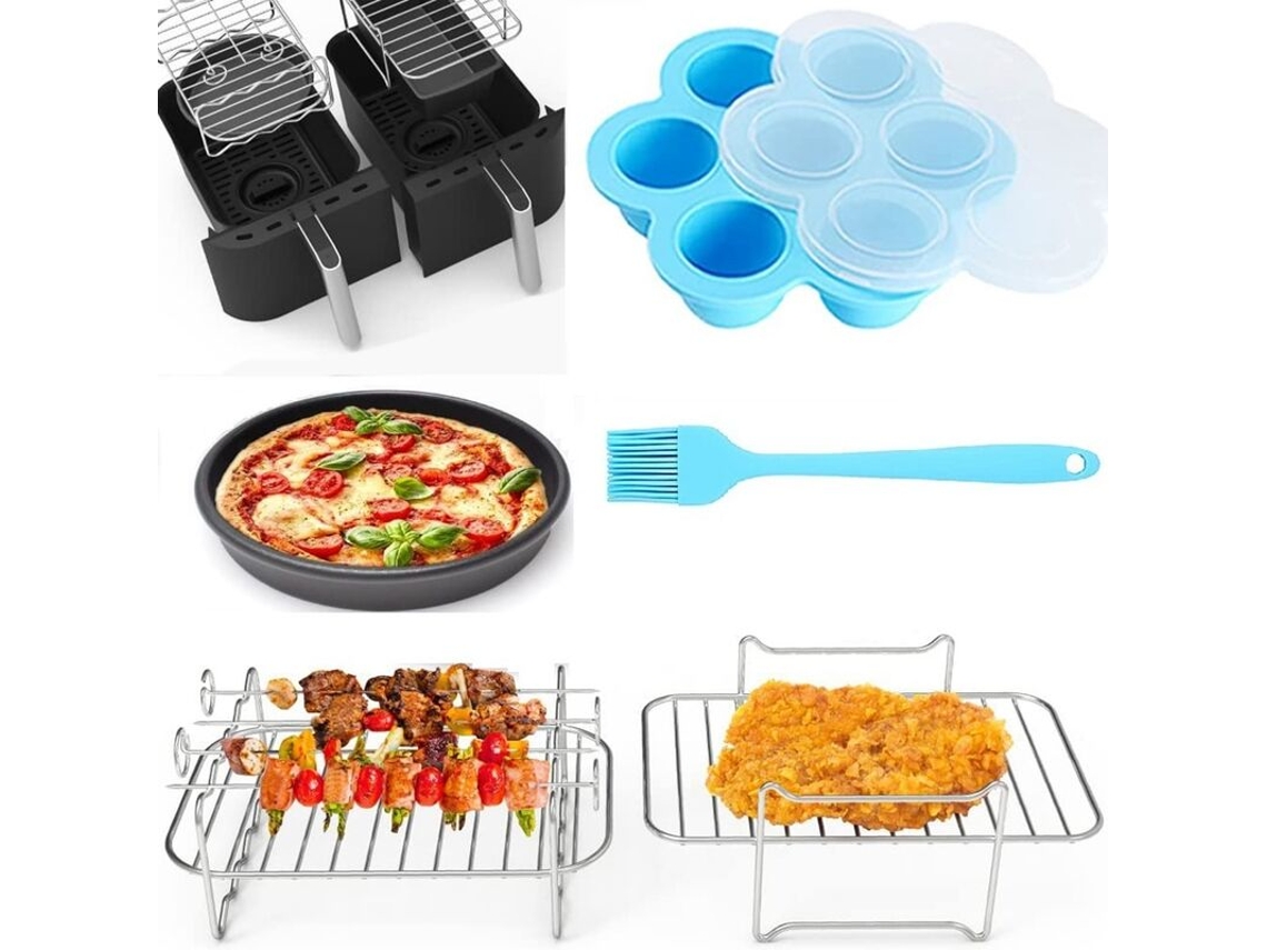Acessórios Para Airfryer Com Cesto Duplo, Airfryer Antiaderente Com Forma Para Pizza, Suporte Para Espetos, Cortador De Ovos E Escova