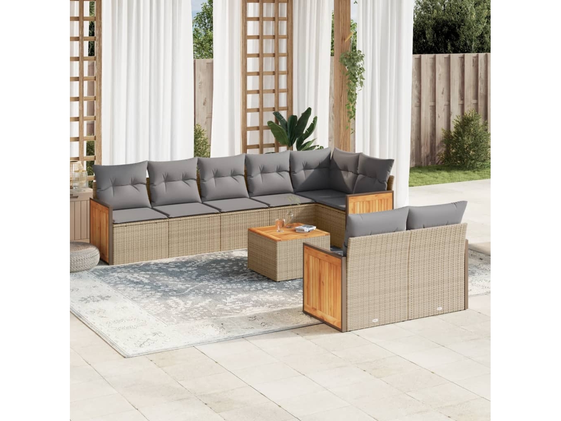 Vidaxl 9 Pcs Conjunto De Sofás P/ Jardim Com Almofadões Vime Pe Bege