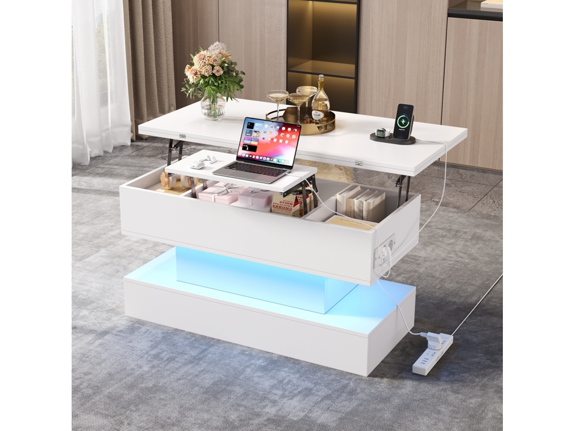 Mesa Centro Tomada Usb Led Elevação Altura Ajustável 100x50x52cm Branca