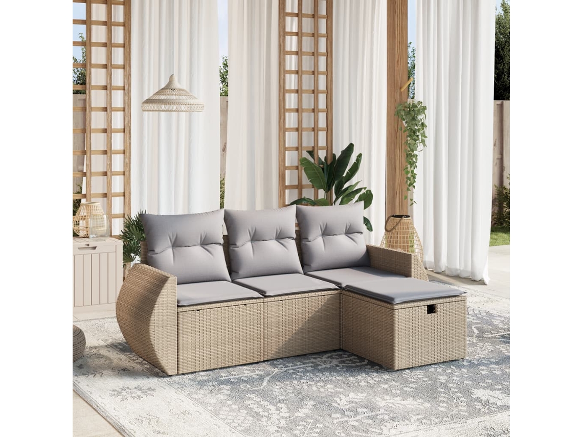 Vidaxl 4 Pcs Conj. Sofás Jardim C/ Almofadões Vime Pe Bege Misturado