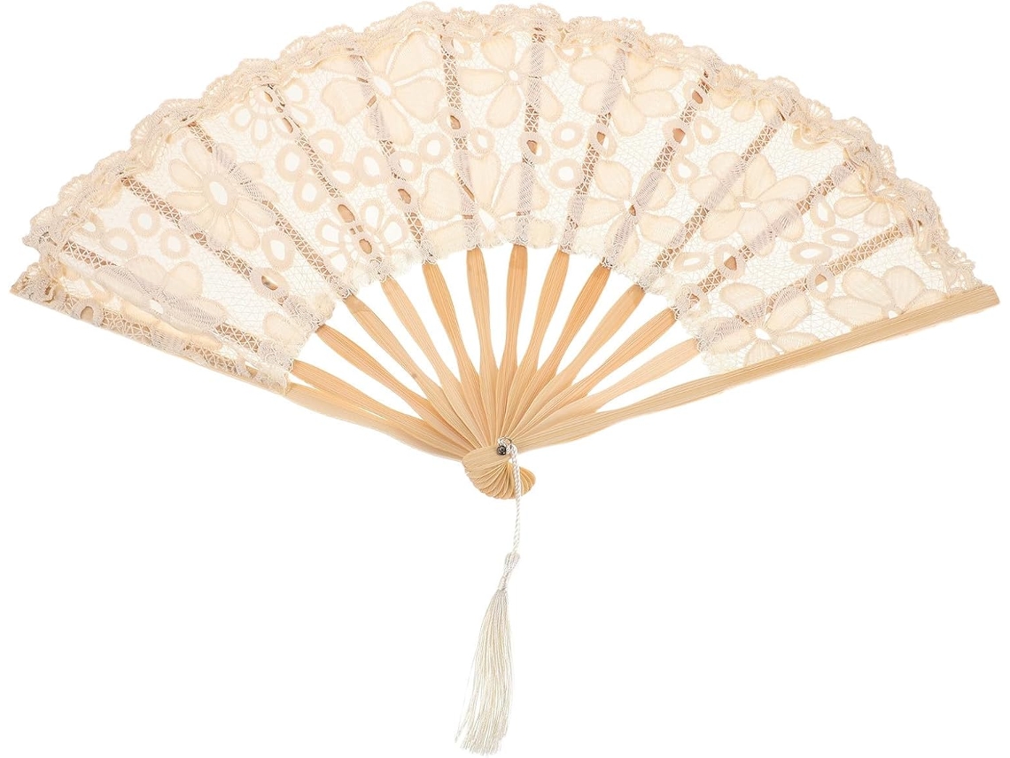 Leque Dobrável Com Borla Decorativa E Renda De Bambu Bege