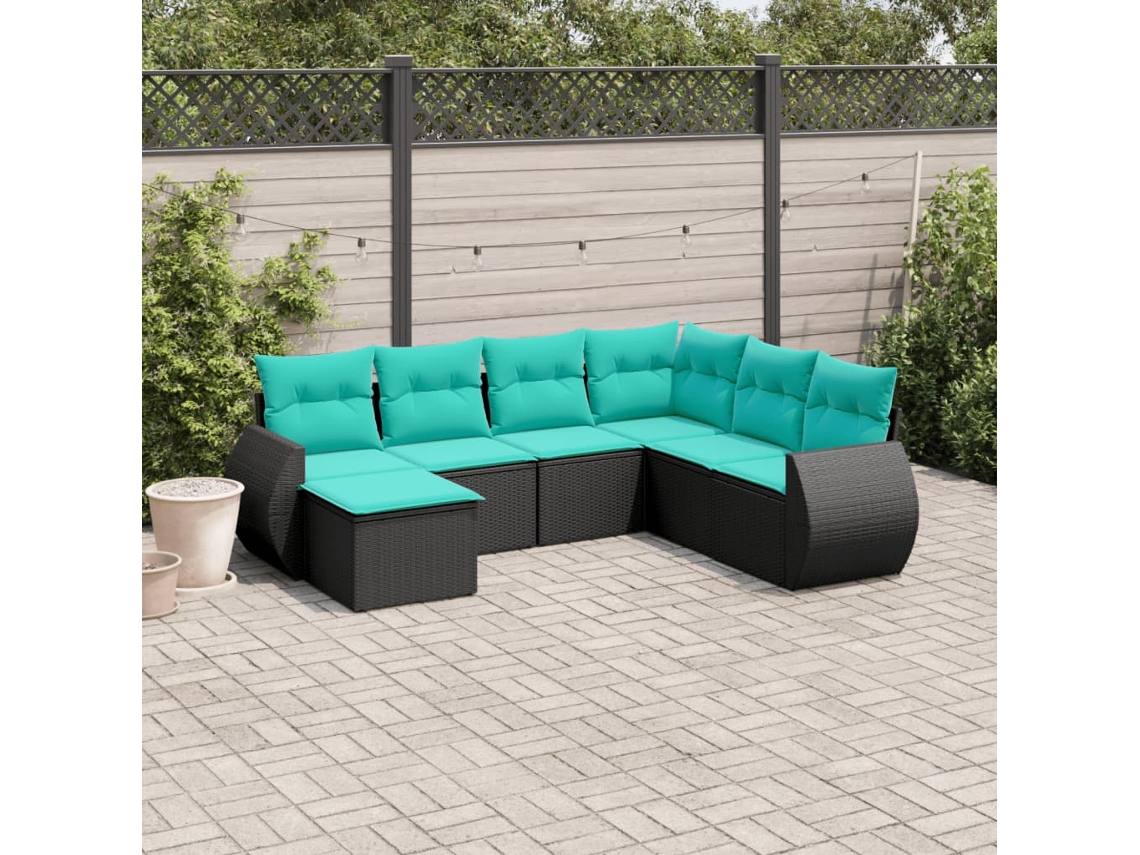 Vidaxl Conjunto De Sofá De Jardim Com 7 Peças E Almofadas Em Rattan Sintético Preto