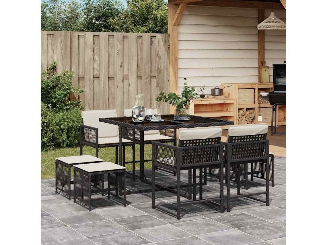 Vidaxl 9 Pcs Conjunto de Jantar P/ Jardim C/ Almofadões Vime Pe Preto