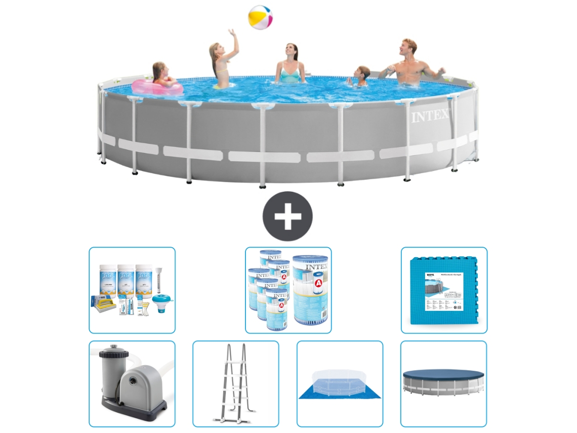 Piscina INTEX Round Prism Frame 548 X 122 Cm Cinza Inclui Bomba Escada Lençol Cobertura Pacote de Manutenção Filtros Ladrilhos