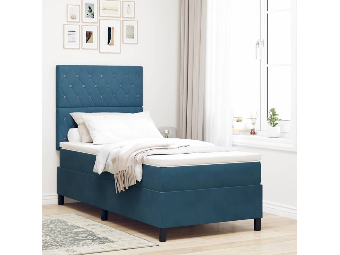 Vidaxl Cama Box Spring Led Com Colchão Azul Escuro 90 X 190 Cm Veludo