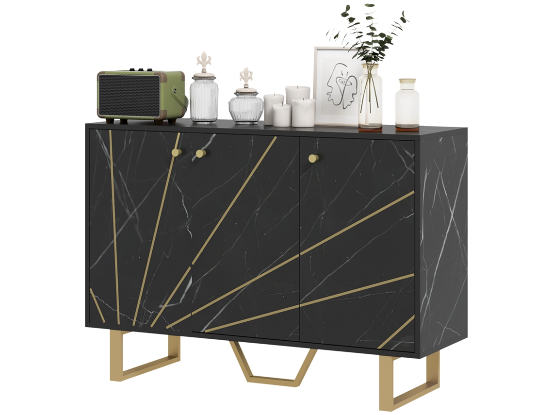 Aparador De Sala De Estar Com 2 Armários E Prateleira Interior Ajustável Com Efeito Mármore 107x35x75 Cm Preto E Dourado