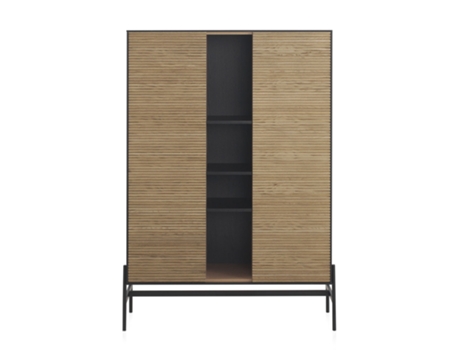 Vitrine Fresno Preta com Portas Naturais e Pernas de Metal Preto