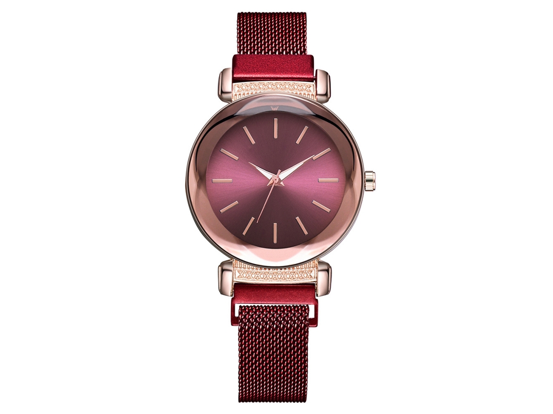 Relógio de Pulso Feminino Casual de Quartzo com Pulseira de Liga e Strass Vermelho