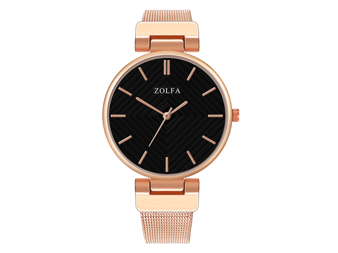 Relógio Analógico Feminino Pulseira Malha de Aço Ouro Rosa com Mostrador Preto Simples