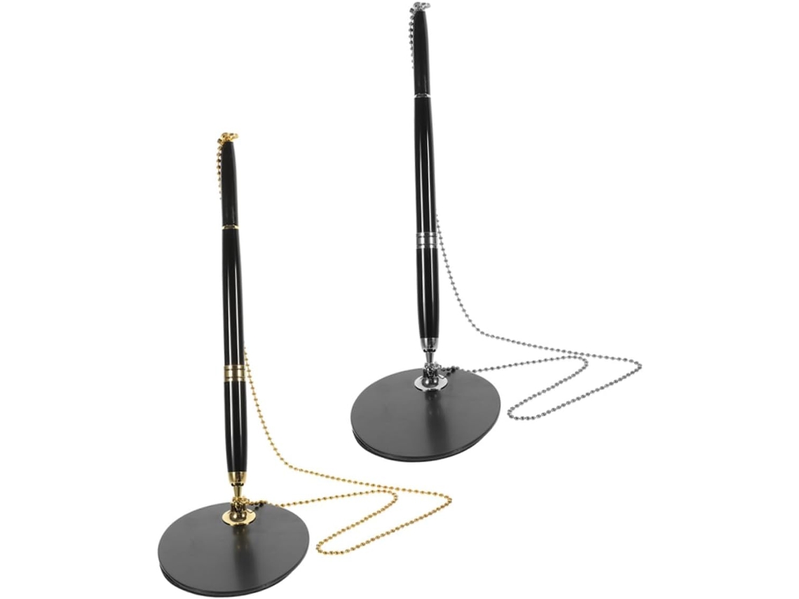 Conjunto de 2 Canetas com Corrente e Suporte Mesa, Tinta Gel Preta Acessórios Prateados Dourados, Ergonômicas
