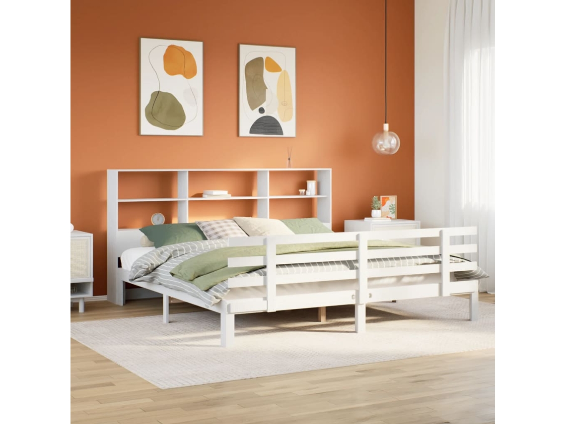 Vidaxl Cama Com Estante Sem Colchão 180x200 Cm Pinho Maciço Branco