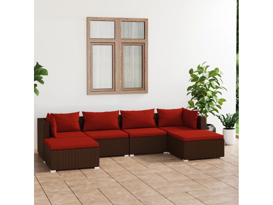 Vidaxl 6 Pcs Conjunto Lounge Jardim C/ Almofadões Vime Pe Castanho