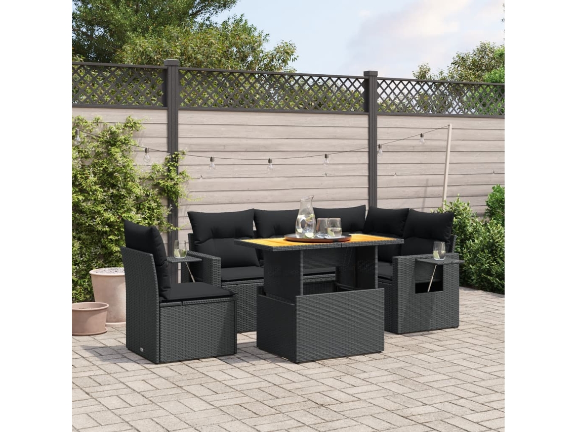 Vidaxl 6 Pcs Conjunto Sofás De Jardim C/ Almofadões Vime Pe Preto