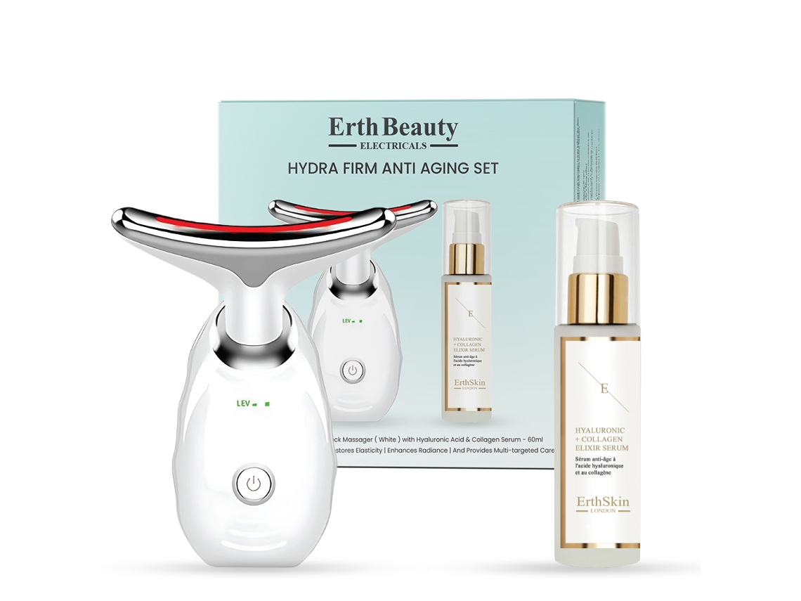 Conjunto Antienvelhecimento Hydra Firm Erth Skin London (massageador Anti Idade Para Rosto E Pescoço Branco Com Sérum De Ha)