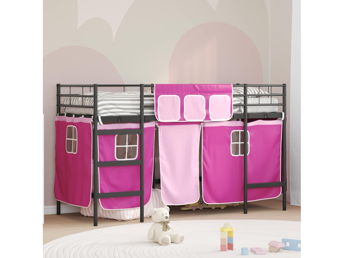 Vidaxl Estrutura De Cama Beliche Para Crianças Com Cortinas Liso