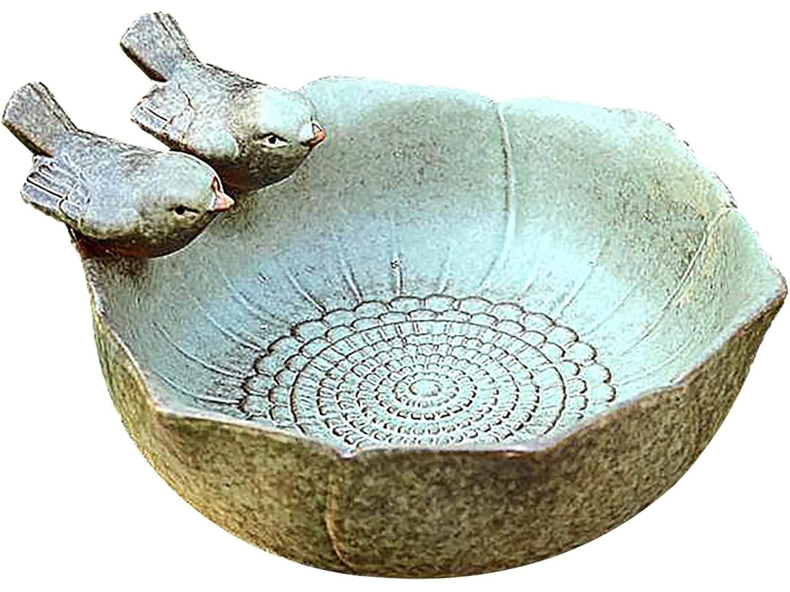 Comedouro Bebedouro para Pássaros 16x16x8cm, À Geada, de Chão, em Cerâmica, com 2 Pássaros para Decoração de Jardim CHABERLU