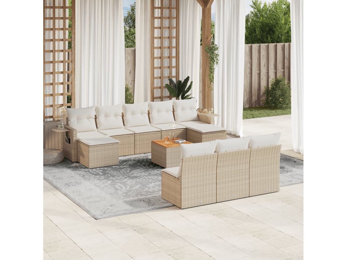 Vidaxl 11 Pcs Conjunto Sofás De Jardim C/ Almofadões Vime Pe Bege