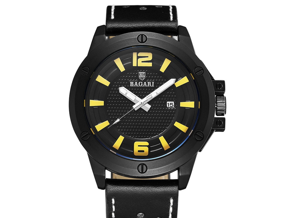 Relógio esportivo masculino Bagari, à prova d'água, em metal, com movimento de quartzo (preto/amarelo)