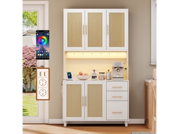 Aparador De Cozinha De 183 Cm, Com Luzes Decorativas Led Controladas Por Aplicação, 2 Portas Usb, 2 Tomadas, Prateleiras Ajustáveis