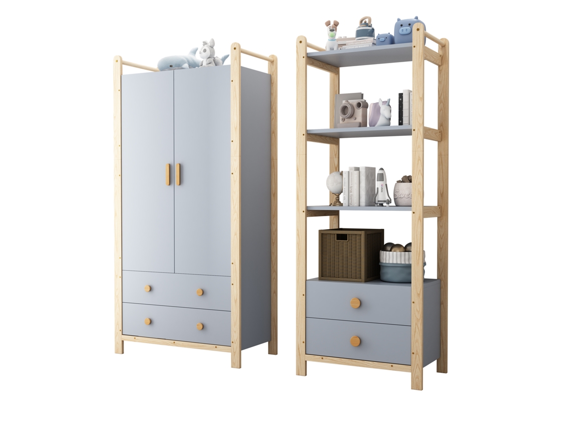 Armario 2 Puertas Cabideiro Prateleira Infantil Azul+madera 180 Cm Alto
