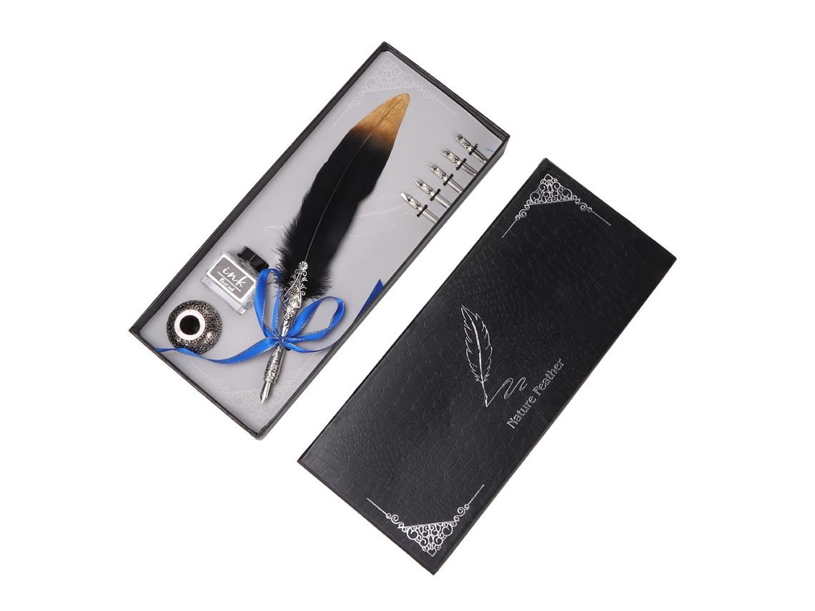 Set de Pluma de Ave com Tinta e Estojo de Presente Clássico Vintage (preto)