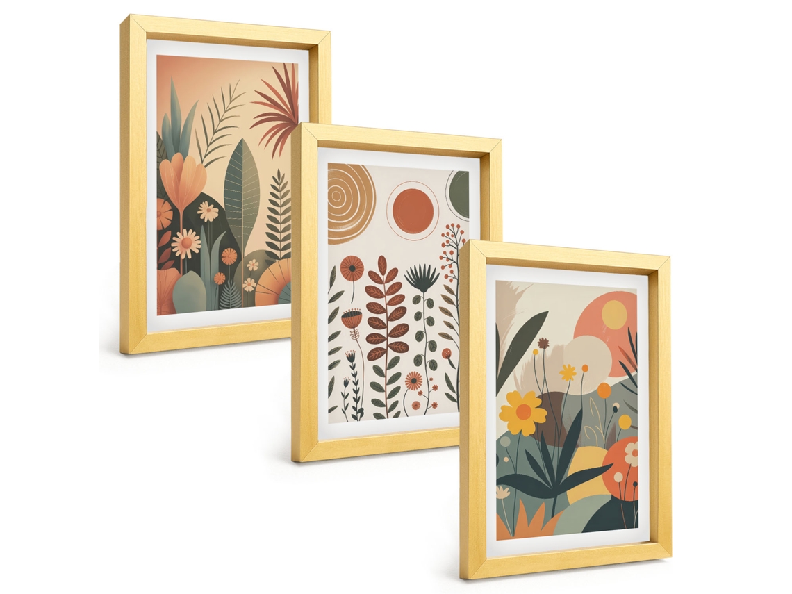 Composição De Quadros Padrões Florais Boho Da Natureza Espelharte (3 Peças 20x30 Cm)