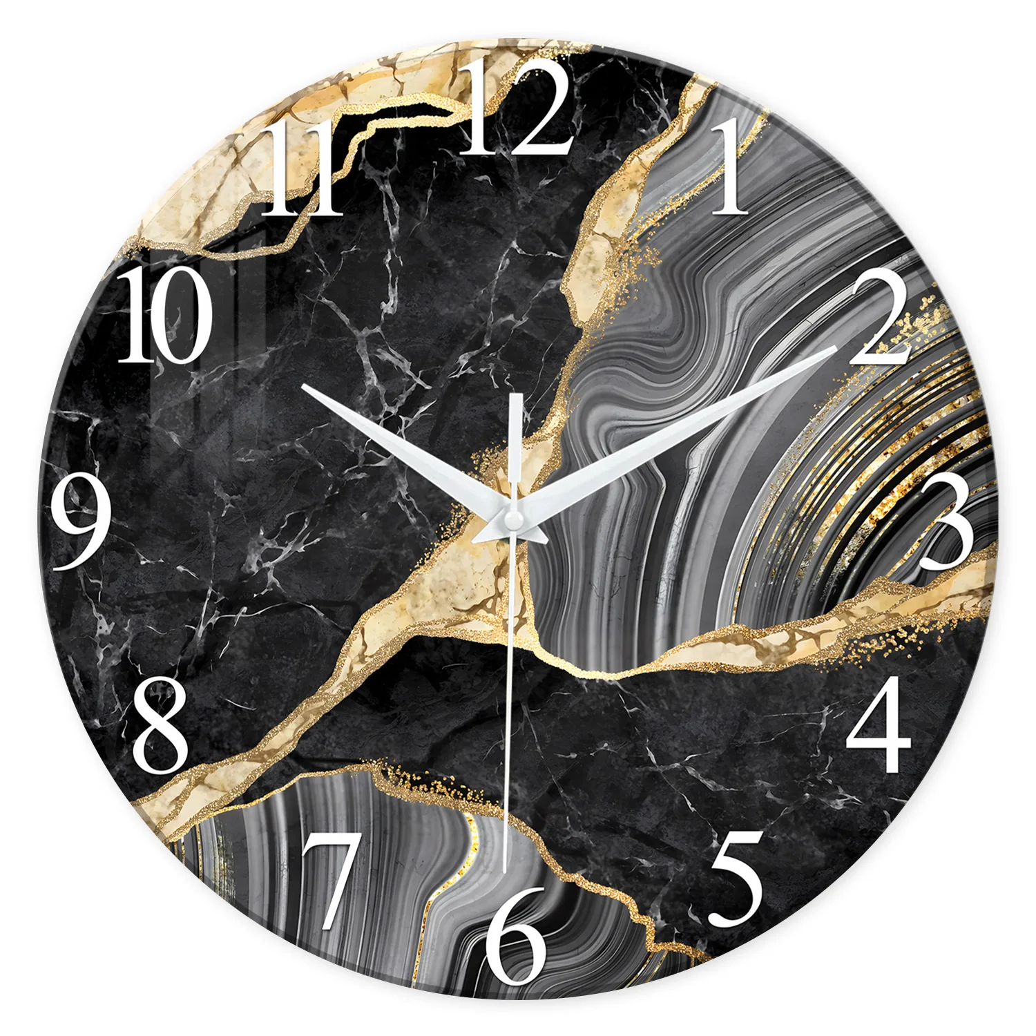 Relógio de parede moderno (30 cm) em vidro temperado com design que imita a textura do mármore.