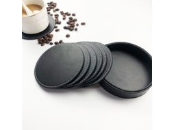 Conjunto de 5 suportes redondos para flocos de couro com base de armazenamento, isolamento térmico e antiderrapante, ideais para chá ou café.