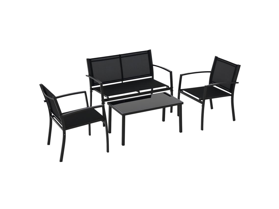 Conjunto de Móveis Jardim Conjunto 4 Peças com 2 Poltronas 1 Sofá 2 Lugares e Mesa Centro Tampo Vidro Preto LAMAISON