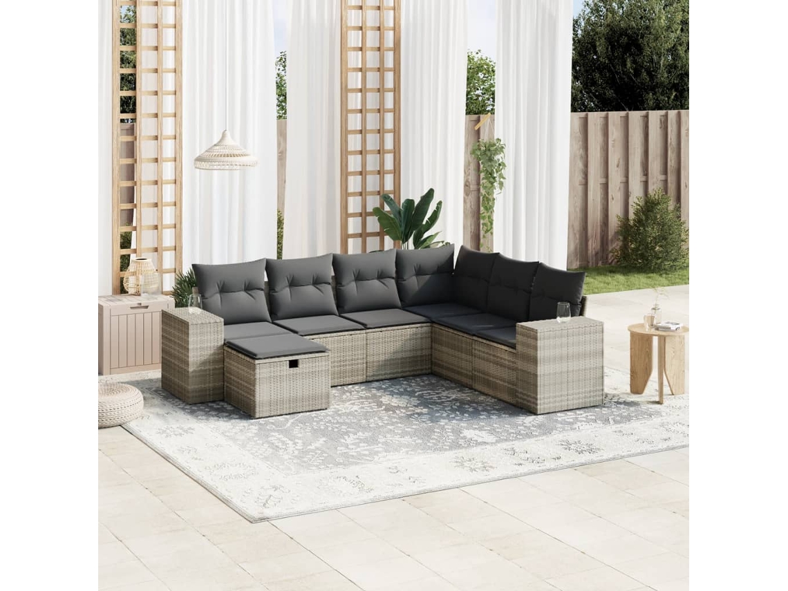 Vidaxl 7 Pcs Conj. Sofás Jardim Com Almofadões Vime Pe Cinzento-claro