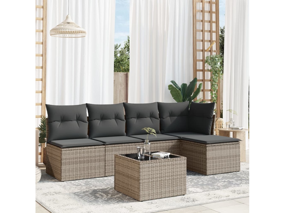 Vidaxl 6 Pcs Conjunto Sofás De Jardim Com Almofadões Vime Cinzento