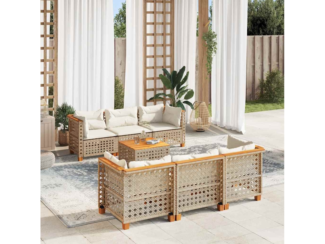 Vidaxl 7 Pcs Conjunto De Sofás P/ Jardim Com Almofadões Vime Pe Bege