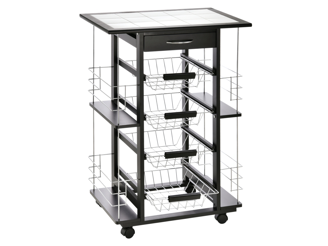 Carrinho De Cozinha Com Múltiplos Compartimentos De Armazenamento, 4 Cestos De Metal, 1 Gaveta E 4 Suportes Para Garrafas, Feito De Pinho Preto Com