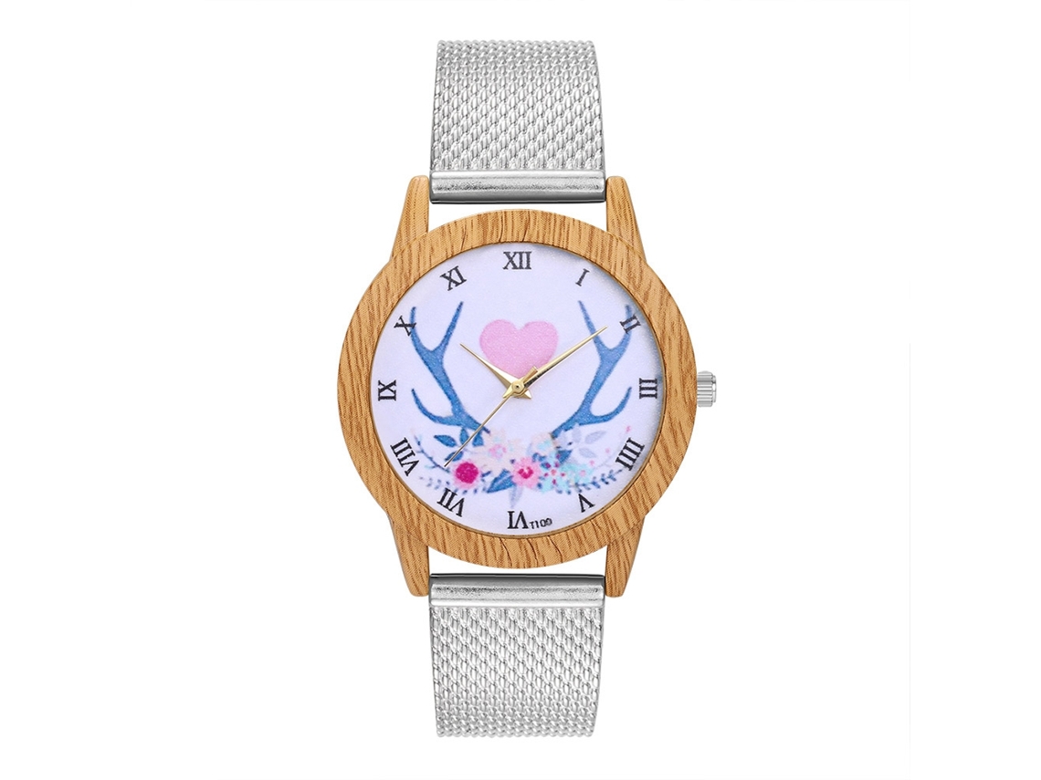 Relógio de quartzo unissex com pulseira de silicone e mostrador floral com numerais romanos, prateado.