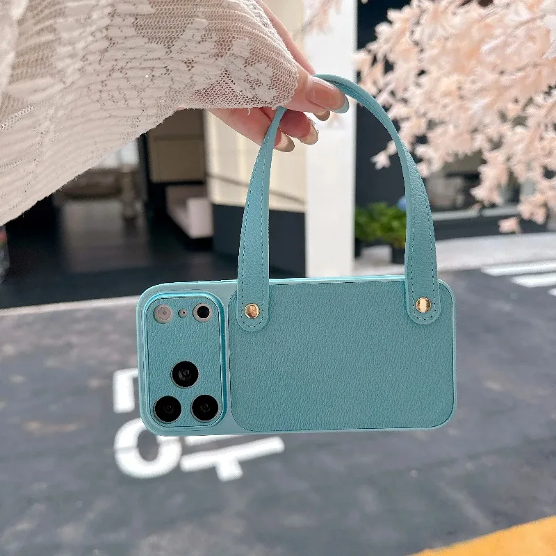 Capa De Couro Genuíno Para Iphone 15 (azul) Com Alça De Pulso, Resistente A Impactos E Portátil.