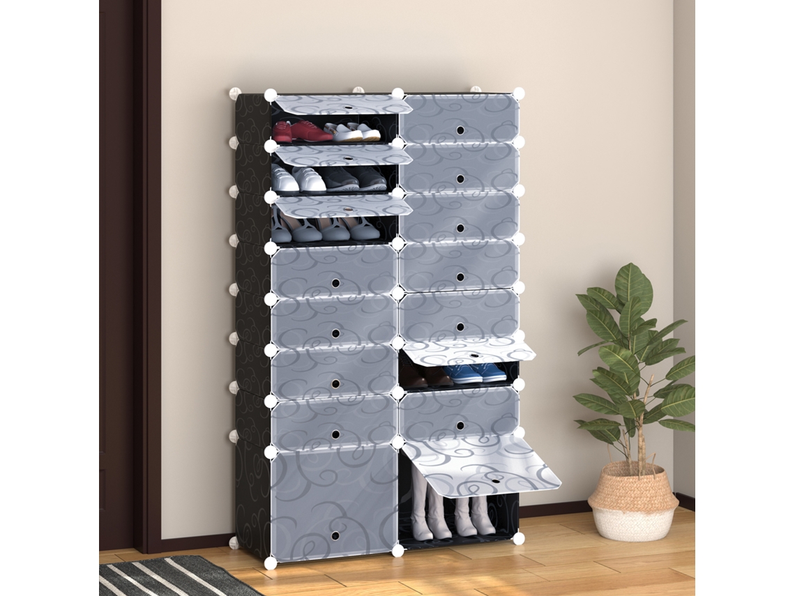 Armário Modular para Calçados Capacidade de Calçados L 95 X L 37 X H 160 Cm 14 Cubos Retangulares e 2 Grandes Cubos Preto e Branco em Plástico