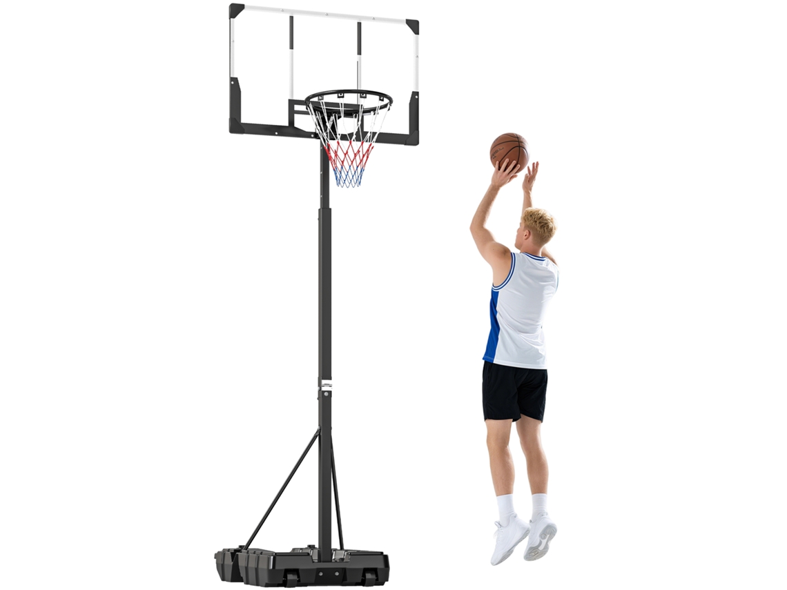 Cesta de Basquete Ajustável para Uso Externo, de 230 a 305 Cm, com Tabela Inquebrável, Base Recarregável e Rodas, Preta. VELTUS TRADE