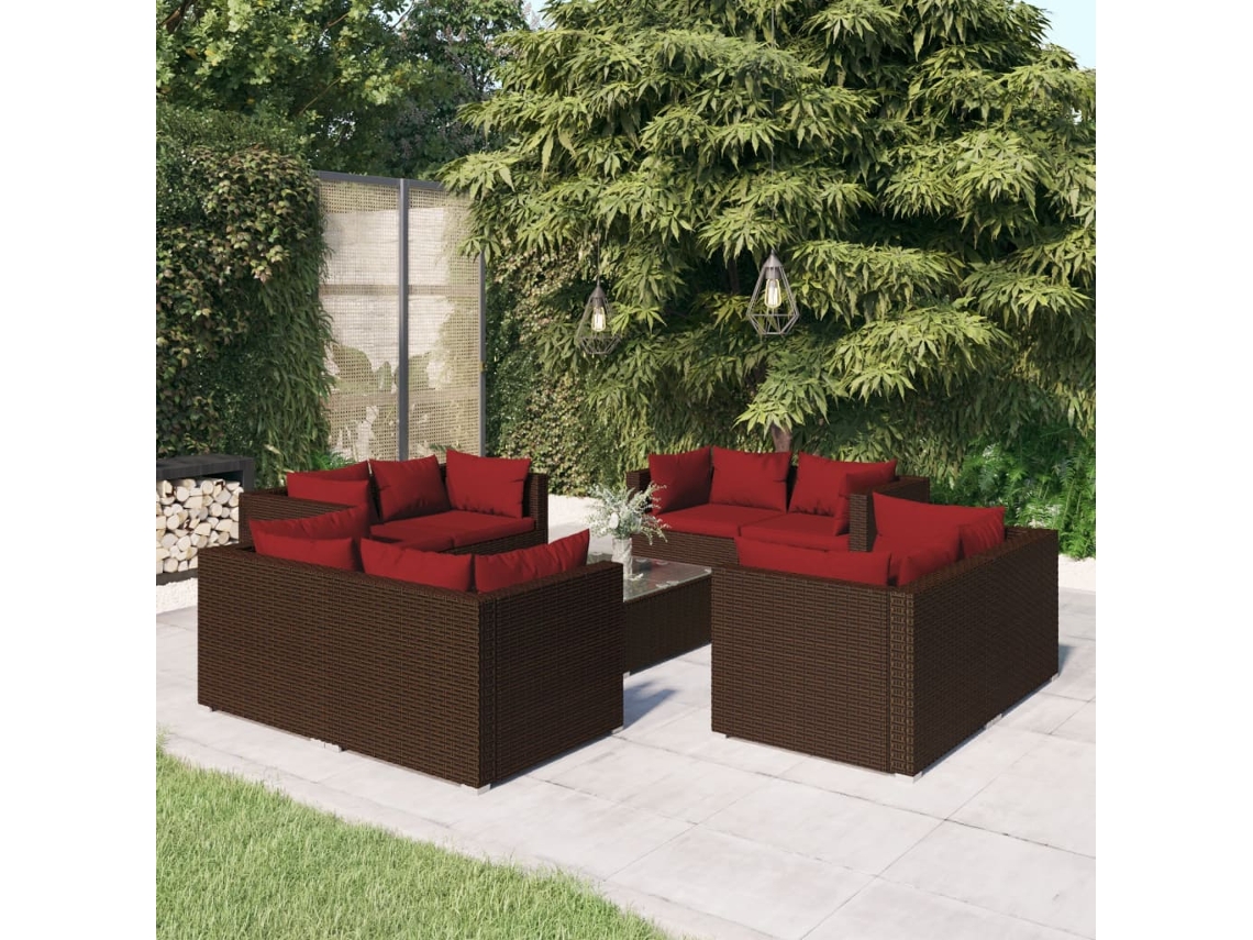 Vidaxl 9 Pcs Conjunto Lounge De Jardim C/ Almofadões Vime Pe Castanho
