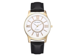 Relógio de pulso masculino com caixa em liga metálica e pulseira de couro PU, numerais romanos, estilo casual/executivo, na cor ouro branco.
