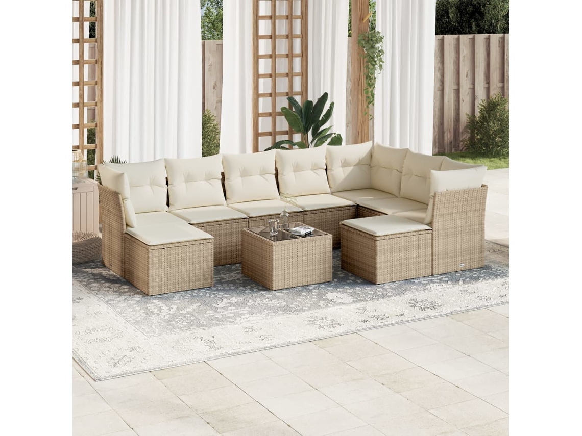 Vidaxl 10 Pcs Conjunto De Sofás P/ Jardim Com Almofadões Vime Pe Bege