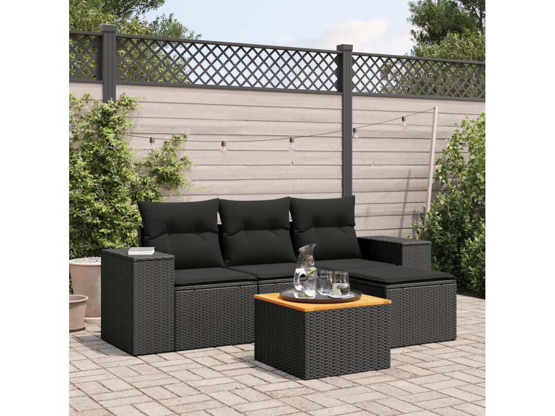 Vidaxl 5 Pcs Conjunto Sofás De Jardim Com Almofadões Vime Pe Preto