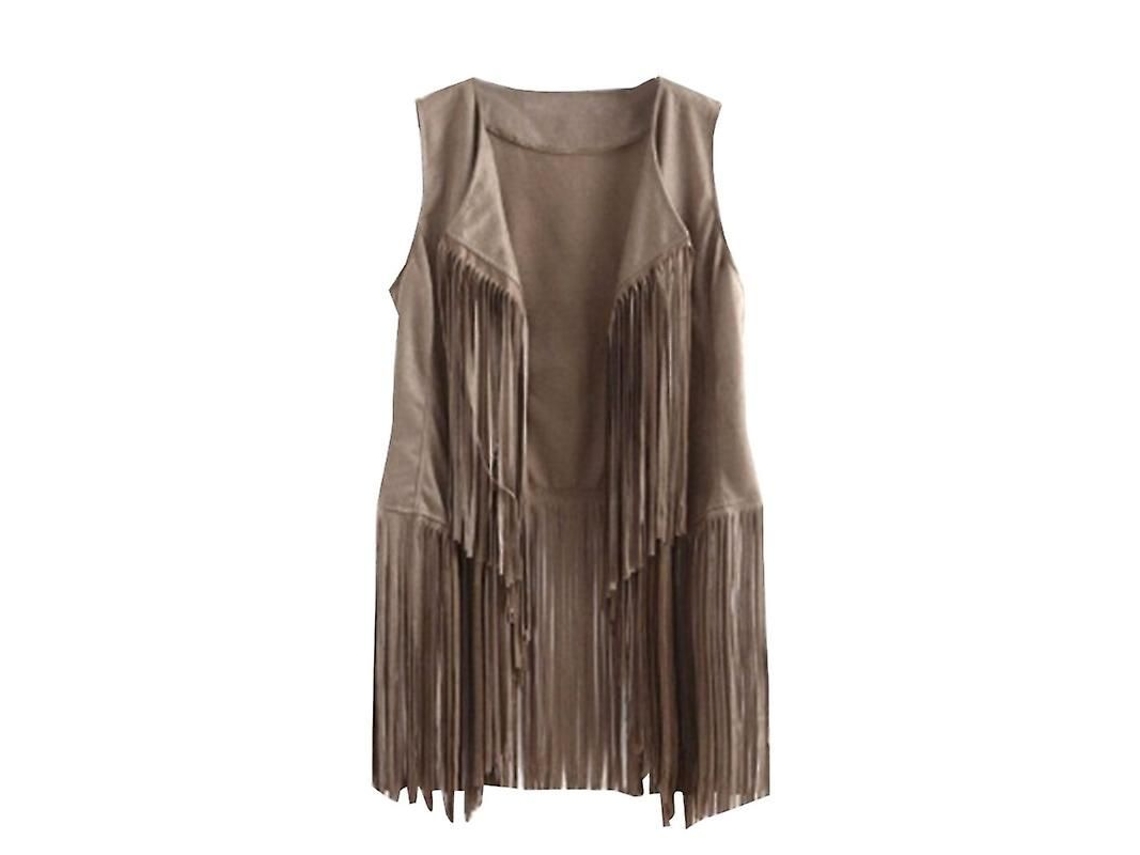 Colete Sem Mangas de Camurça Falsa com Franja Anos 70 Hippie Cardigan Aberto Feminino XL Bege