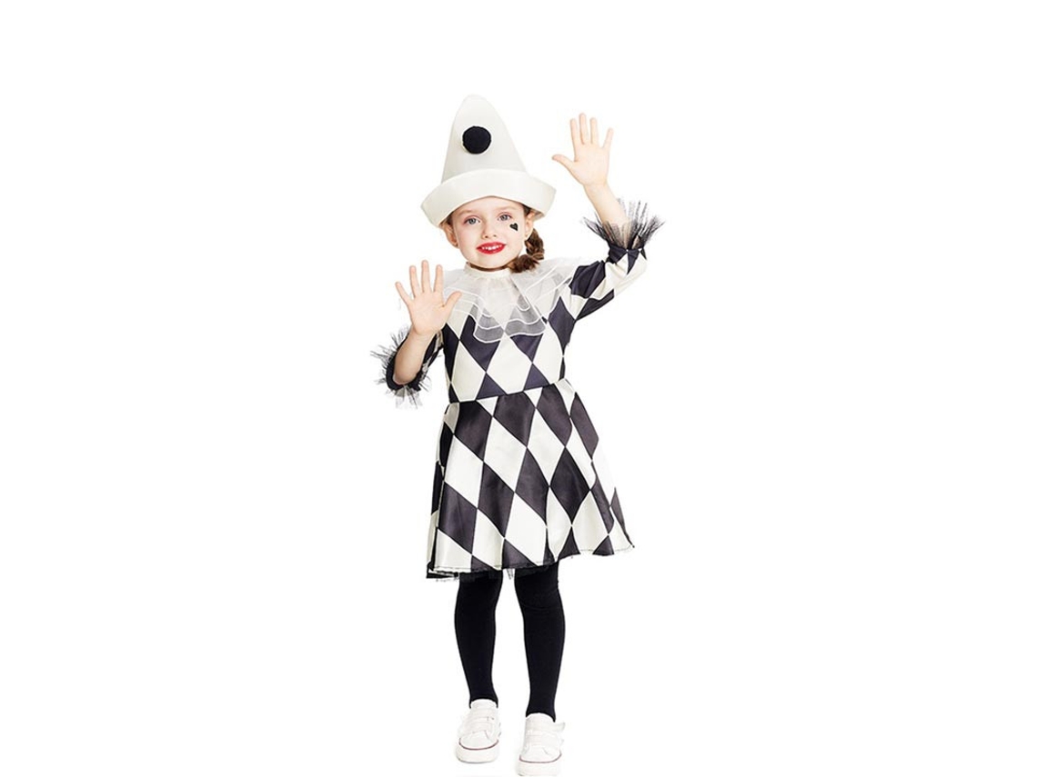 Fato de palhaço Pierrot losango com chapéu para bebé e menina
