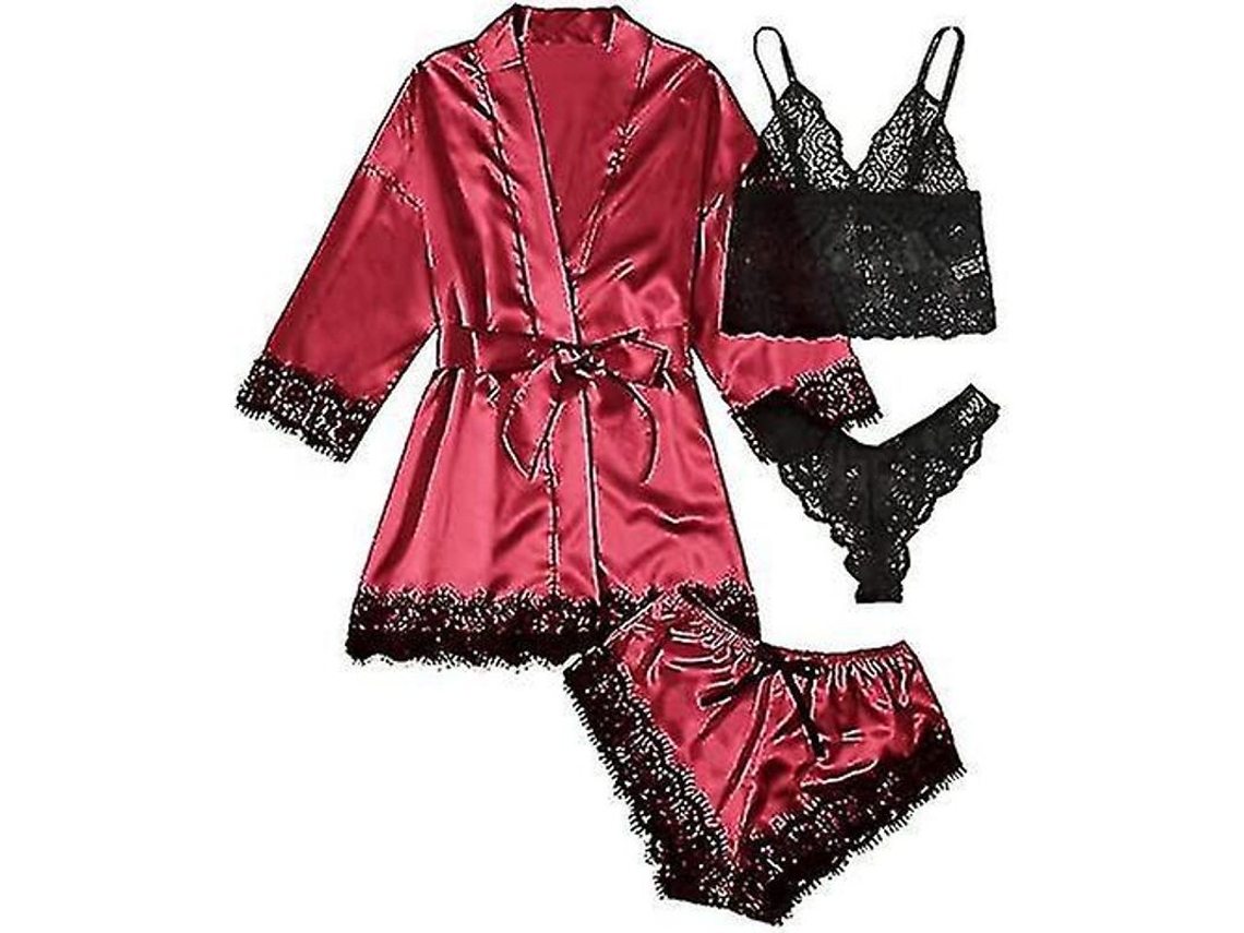 2026 conjunto de Pijamas de Satin com Calcinha Floral de 4 Peças para Mulher Incluindo Batina