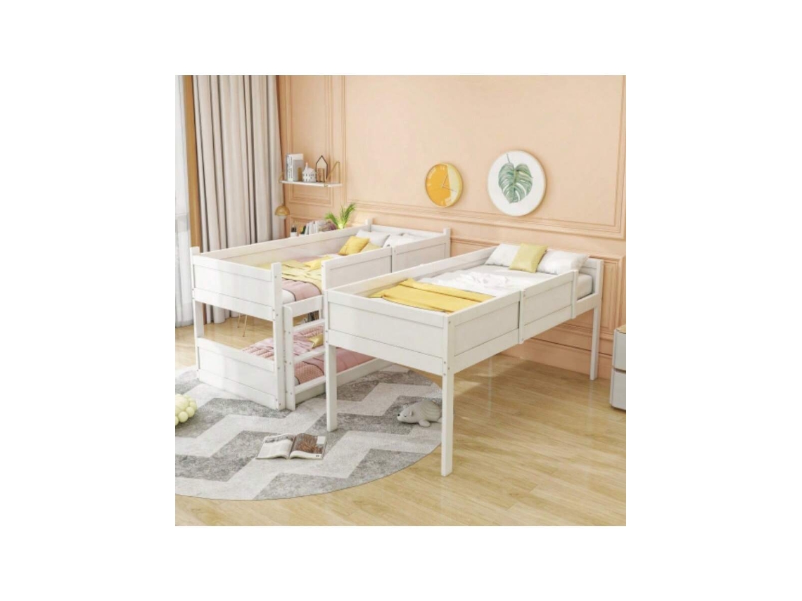 Cama Tripla 90200 Cm, Ripas De Madeira Maciça, Cama Alta, Design De Cerca Alta, Cama Infantil, Cama De Madeira, Branca