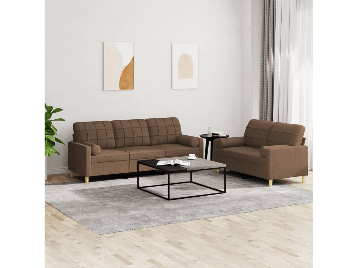 Vidaxl 2 Pcs Conjunto de Sofás com Almofadas Tecido Castanho
