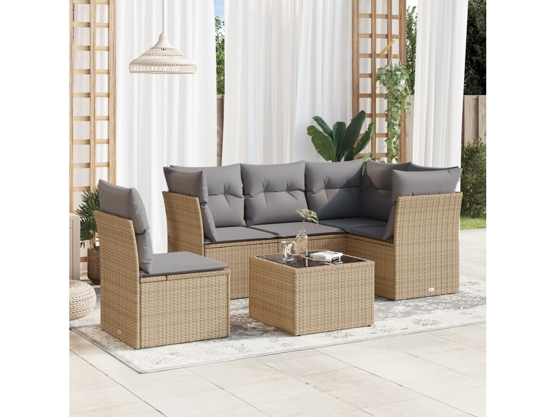 Vidaxl 6 Pcs Conjunto De Sofás P/ Jardim Com Almofadões Vime Pe Bege