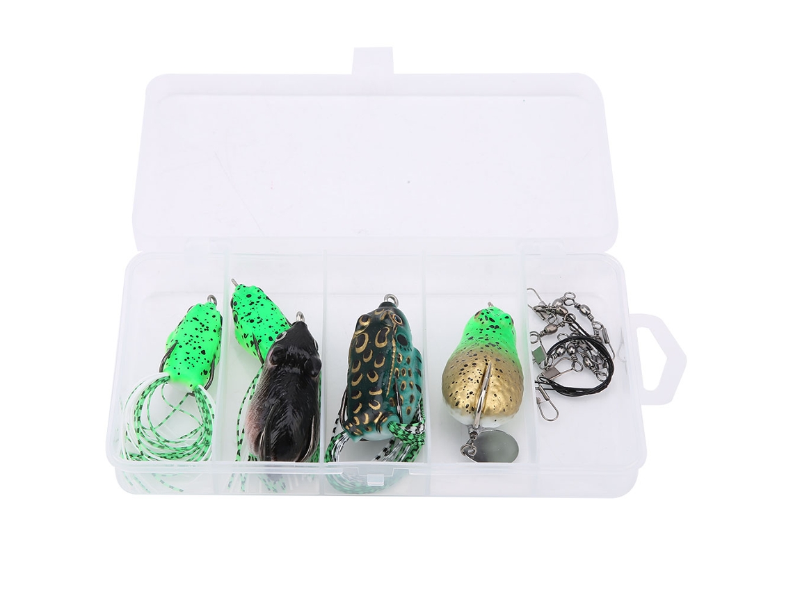 Frog Lure Set For Snakehead Fishing, Single And Double Hook Design, 5 Pieces With Pins And Leaders