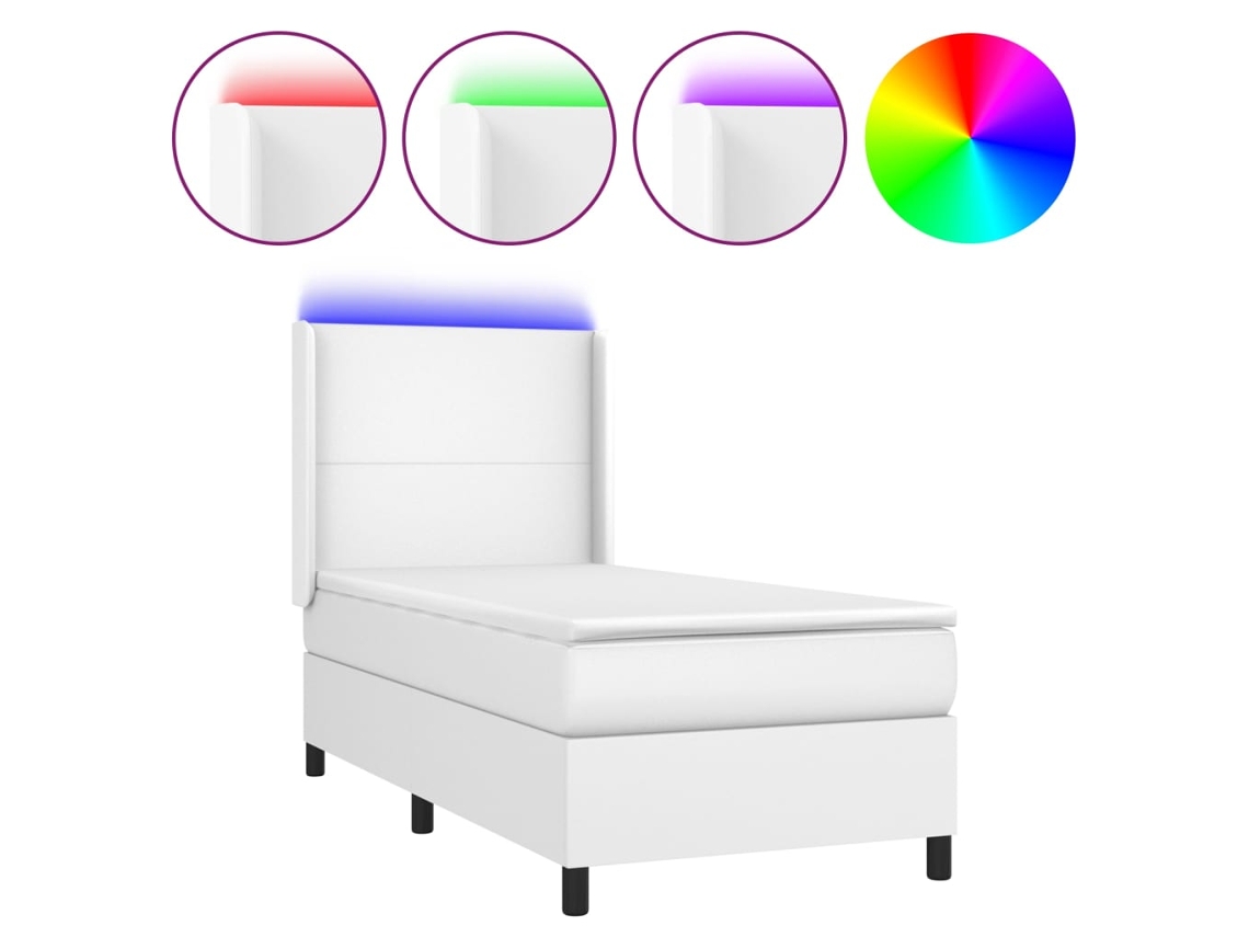Cama Box Spring com Colchão e Led Couro Artificial Branco MAISON EXCLUSIVE (90x190 cm)