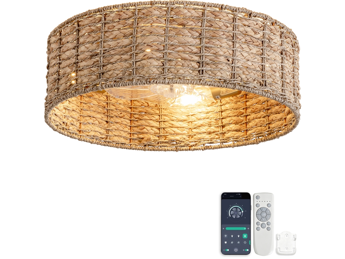 Ventilador De Teto Com Luz Em Rattan Natural 19 Polegadas, Controlo Por Aplicação E Comando, Silencioso E Compacto